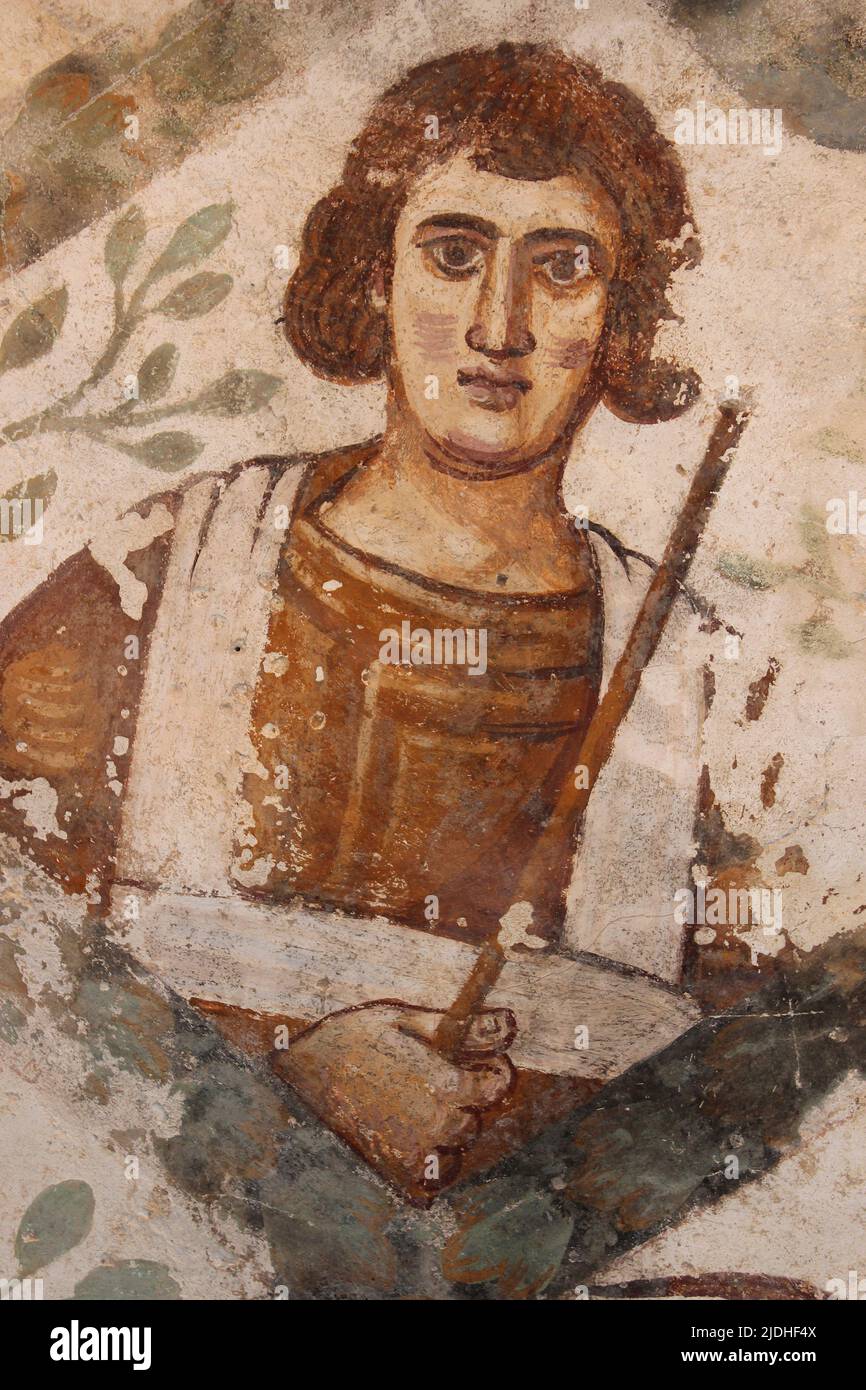 Fresque masculine dans la voûte du tunnel de l'apodytérium, Qusayr Amra, Jordanie Banque D'Images