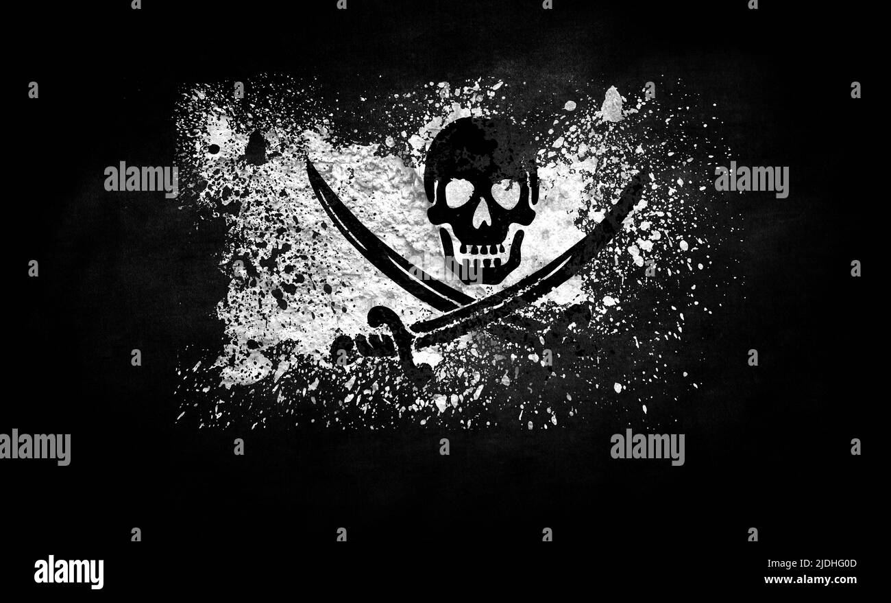 Pinceau drapeau peint de Jolly Roger Pirates blanc isolé sur fond noir Banque D'Images