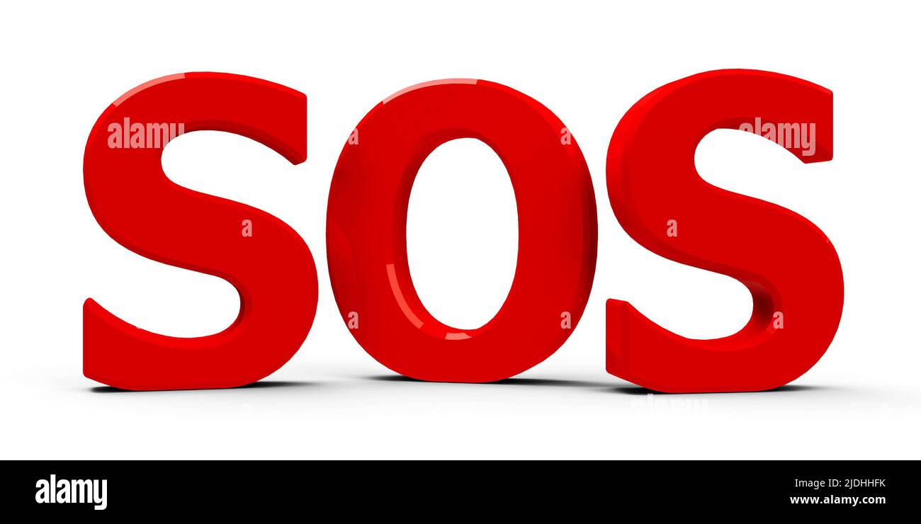 Symbole SOS rouge, icône ou bouton isolé sur fond blanc, rendu tridimensionnel, illustration 3D Banque D'Images