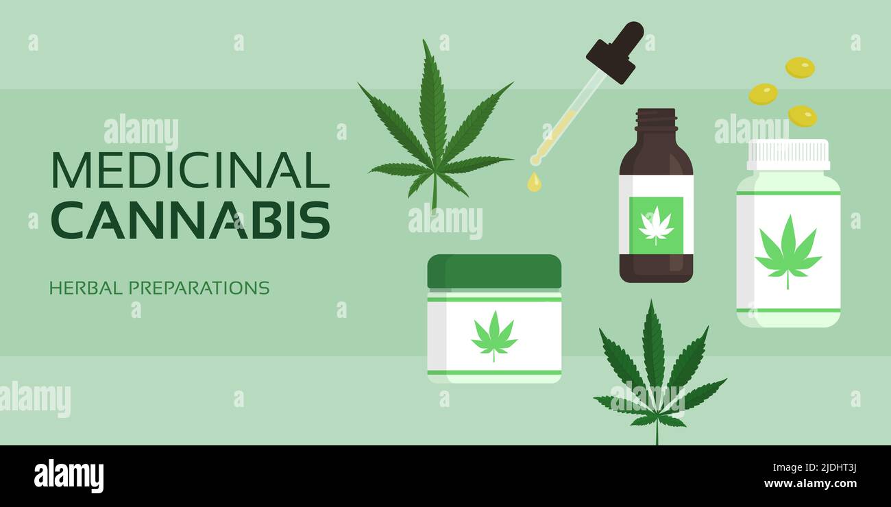 Cannabis médicinal, huile de cbd et feuilles de chanvre, bannière avec espace de copie Illustration de Vecteur