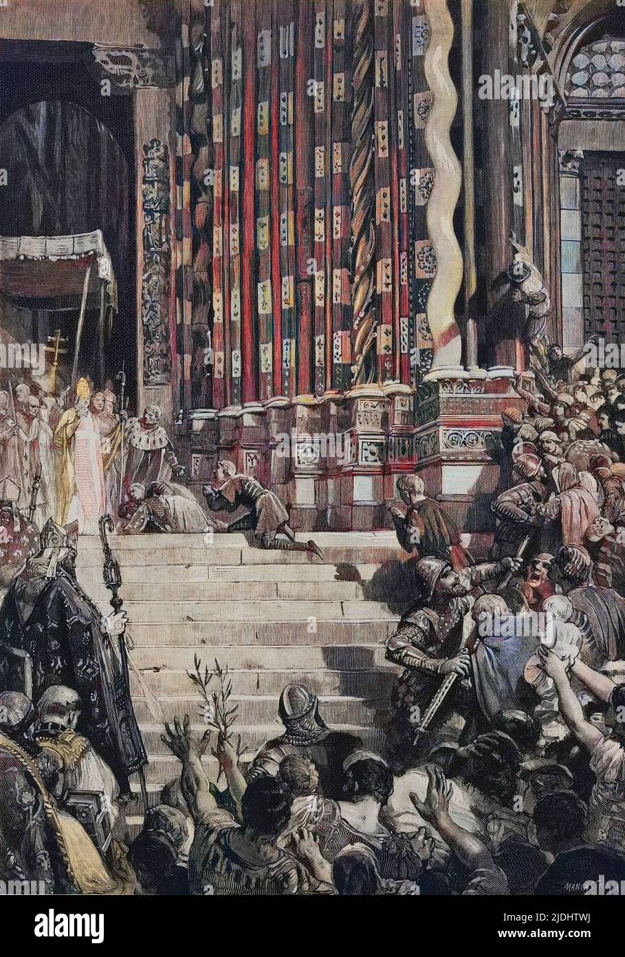 Le people acclavant le pape innocent IV devant la cathédrale Saint-Laurent de Gênes, 1244 (Sinibaldo Fieschi 1195-1254) Banque D'Images