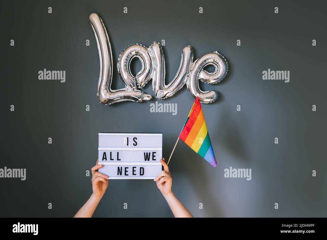 Historique du mois de fierté LGBTQ. Hommes mains tenant la visionneuse avec texte Love est tout ce dont nous avons besoin sous le ballon de feuille d'argent avec le drapeau arc-en-ciel sur le fond gris mur Banque D'Images Historique du mois de fierté LGBTQ. Hommes mains tenant la visionneuse avec texte Love est tout ce dont nous avons besoin sous le ballon de feuille d'argent avec le drapeau arc-en-ciel sur le fond gris mur Banque D'Images