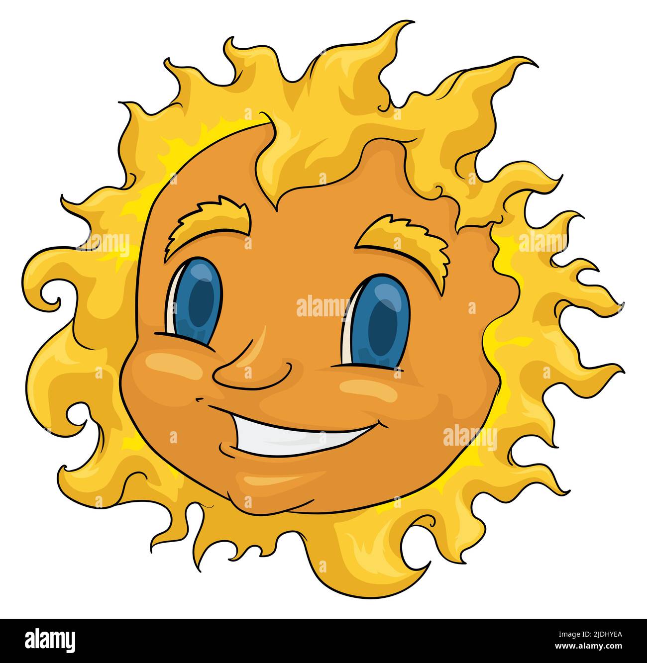 Soleil éclatant et souriant avec des yeux bleus. Conception isolée dans un style de dessin animé. Illustration de Vecteur