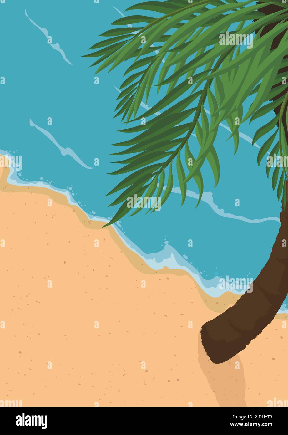 Vue tropicale sur le rivage avec vagues paisibles dans la mer, sable et palmier. Design de style dessin animé. Illustration de Vecteur
