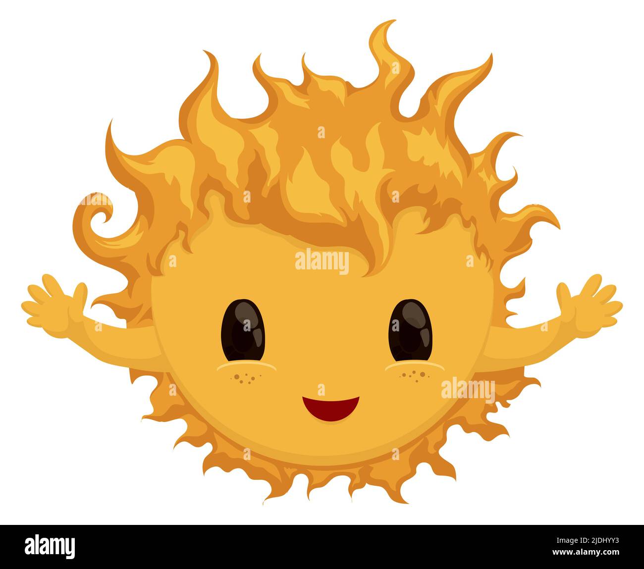 Soleil heureux, tendre et flamboyant avec ses bras larges ouverts, accueillant l'été sur fond blanc. Illustration de Vecteur