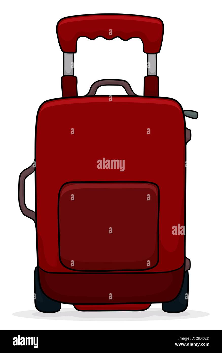Valise rouge avec poches, fermeture à glissière et levier pour la tirer. Créez des dessins animés et des contours sur fond blanc. Illustration de Vecteur
