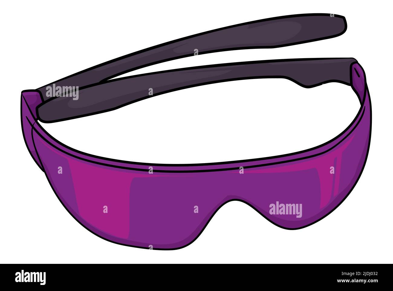 Vue sur des lunettes de soleil mauves fantaisie avec un motif sportif de style dessin animé et un fond blanc. Illustration de Vecteur