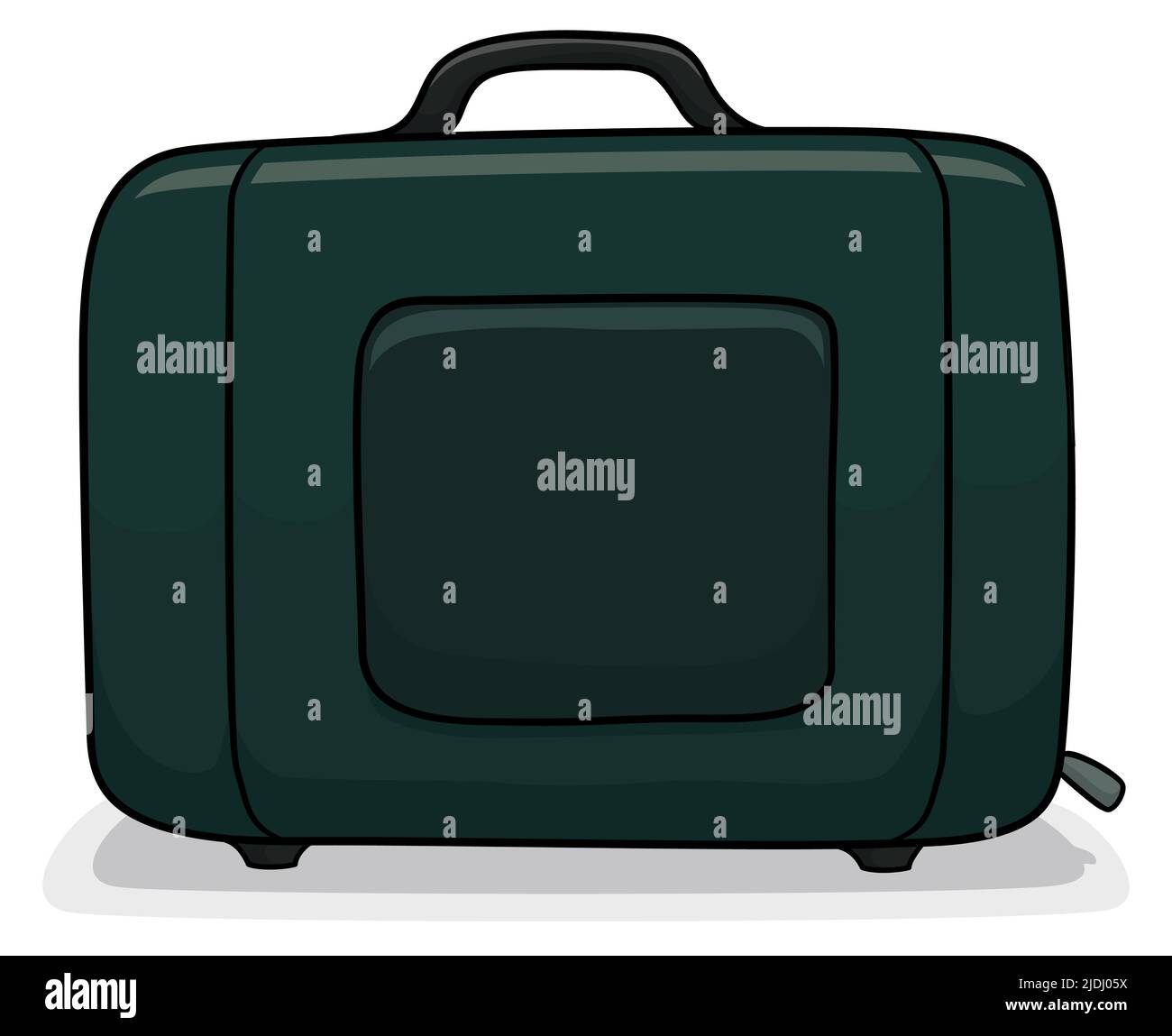 Vue de la valise verte sombre, prête à voyager avec elle. Design de style dessin animé, isolé sur fond blanc. Illustration de Vecteur