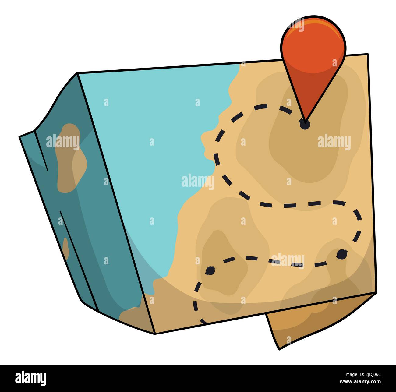 Carte dépliée avec emplacement et tracé en pointillés. Créez des dessins animés et des contours sur fond blanc. Illustration de Vecteur