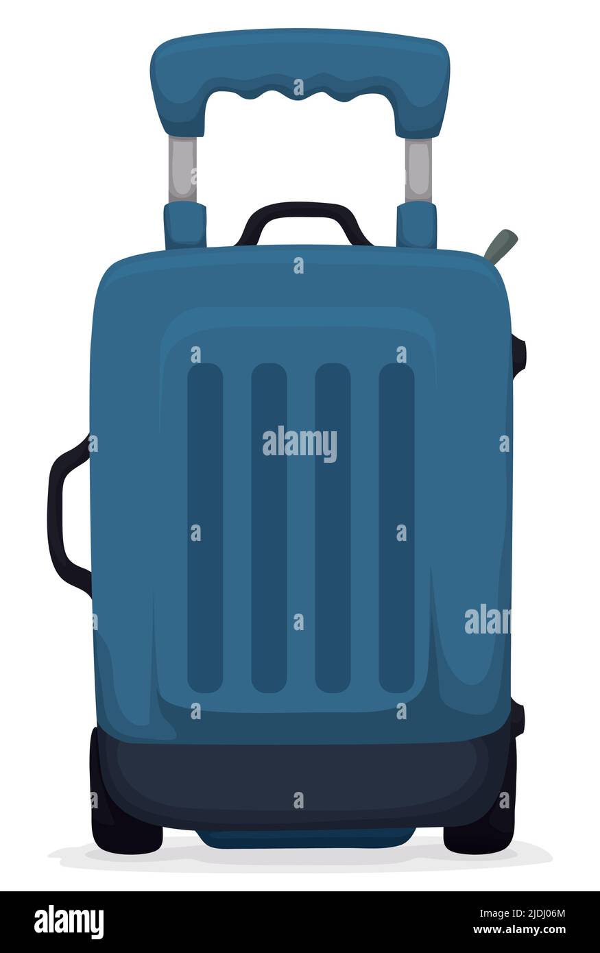 Valise bleue avec fermeture à glissière et levier pour la tirer en vue frontale. Design de style dessin animé sur fond blanc. Illustration de Vecteur