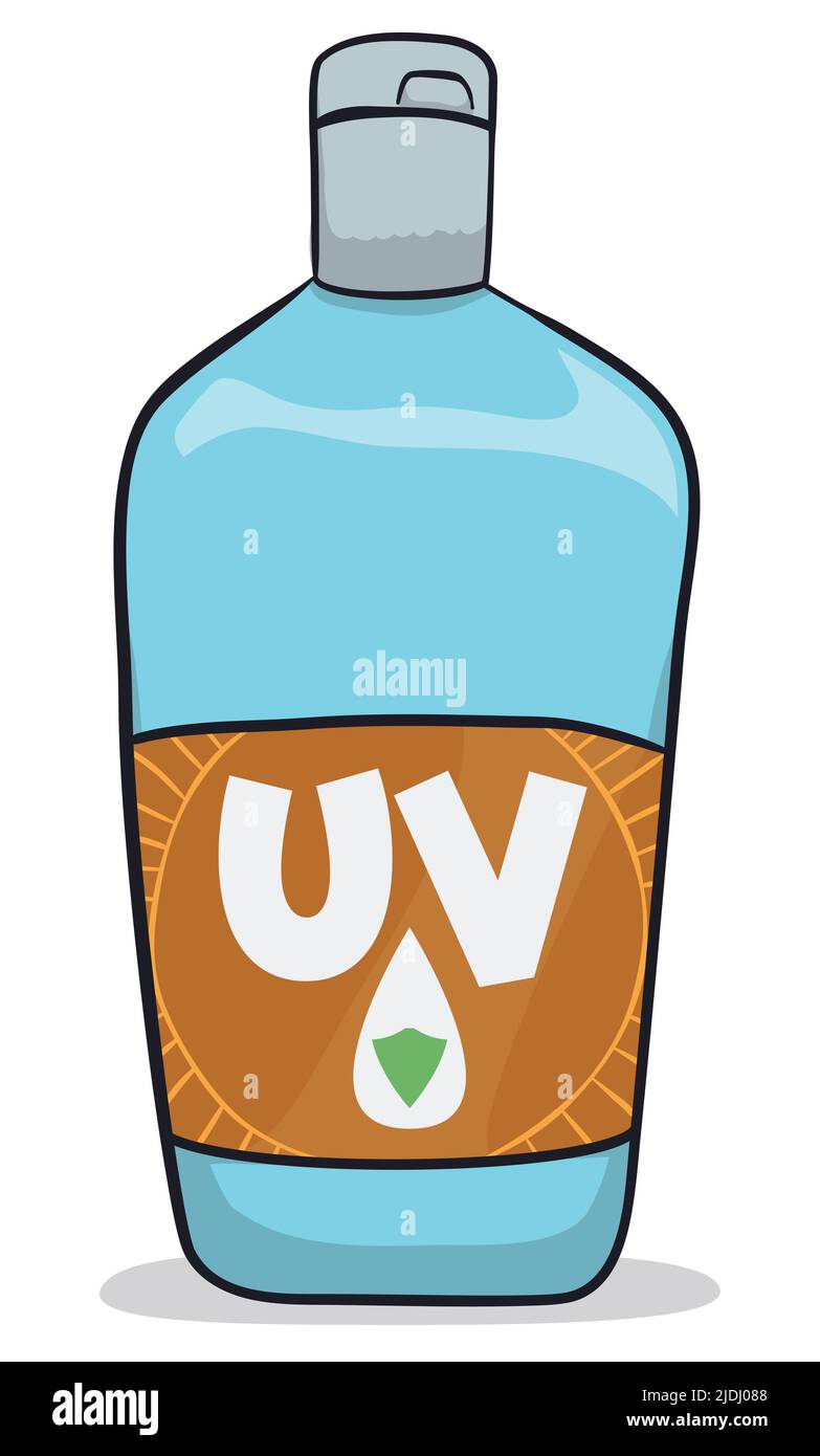 Vue de la lotion UV de protection dans un flacon avec une étiquette annonçant une protection à facteur élevé, pour l'utiliser pendant l'été. Design de style dessin animé. Illustration de Vecteur