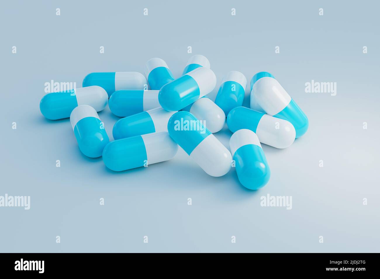 Médicaments en capsules bleues et blanches, rendu de 3D illustrations Banque D'Images