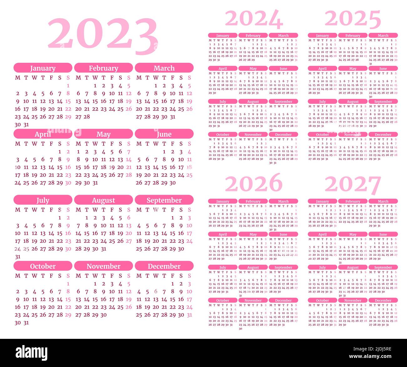 Ensemble de modèles de calendrier mensuel pour 2023, 2024, 2025, 2026