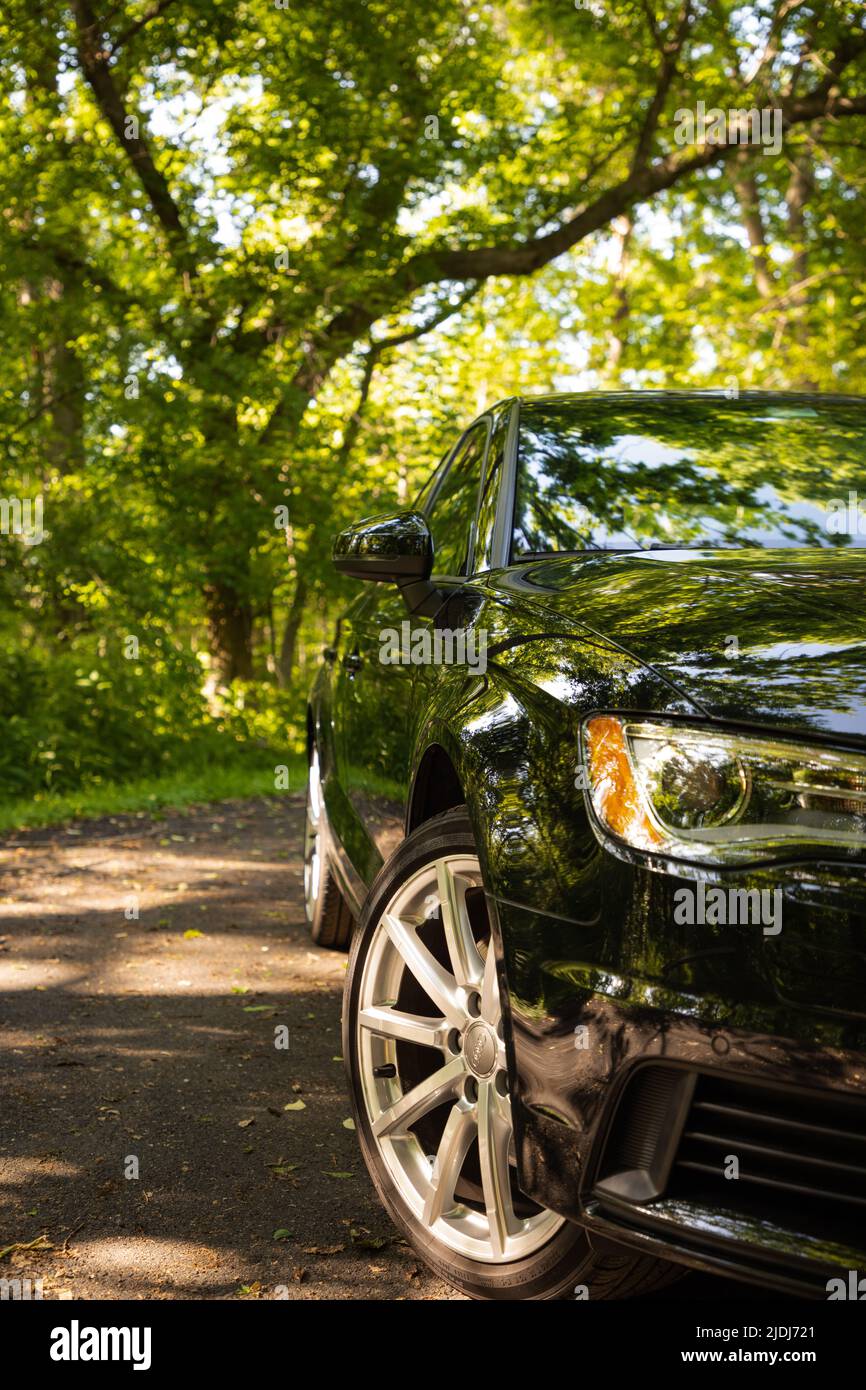 Audi A3 noire garée à côté de Scenic Summer Woods Banque D'Images