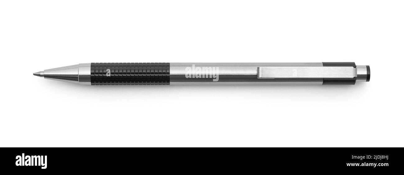 Stylo bille métallique découpé sur blanc. Banque D'Images