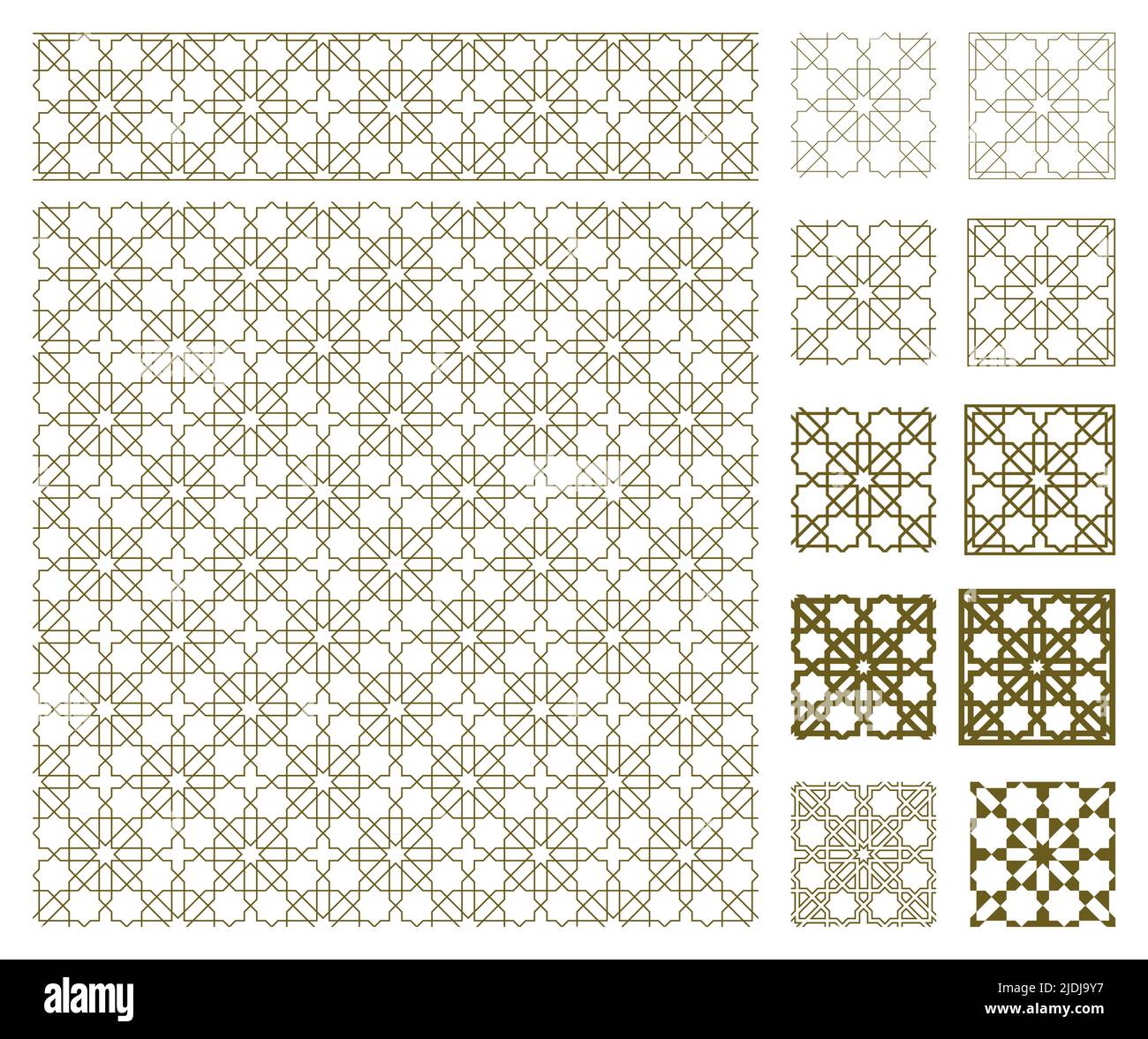 Ensemble de grands motifs, bordures, petits motifs, cadres avec des lignes de différentes épaisseurs. Un ornement de figures. Style géométrique arabe.pour fabri Illustration de Vecteur