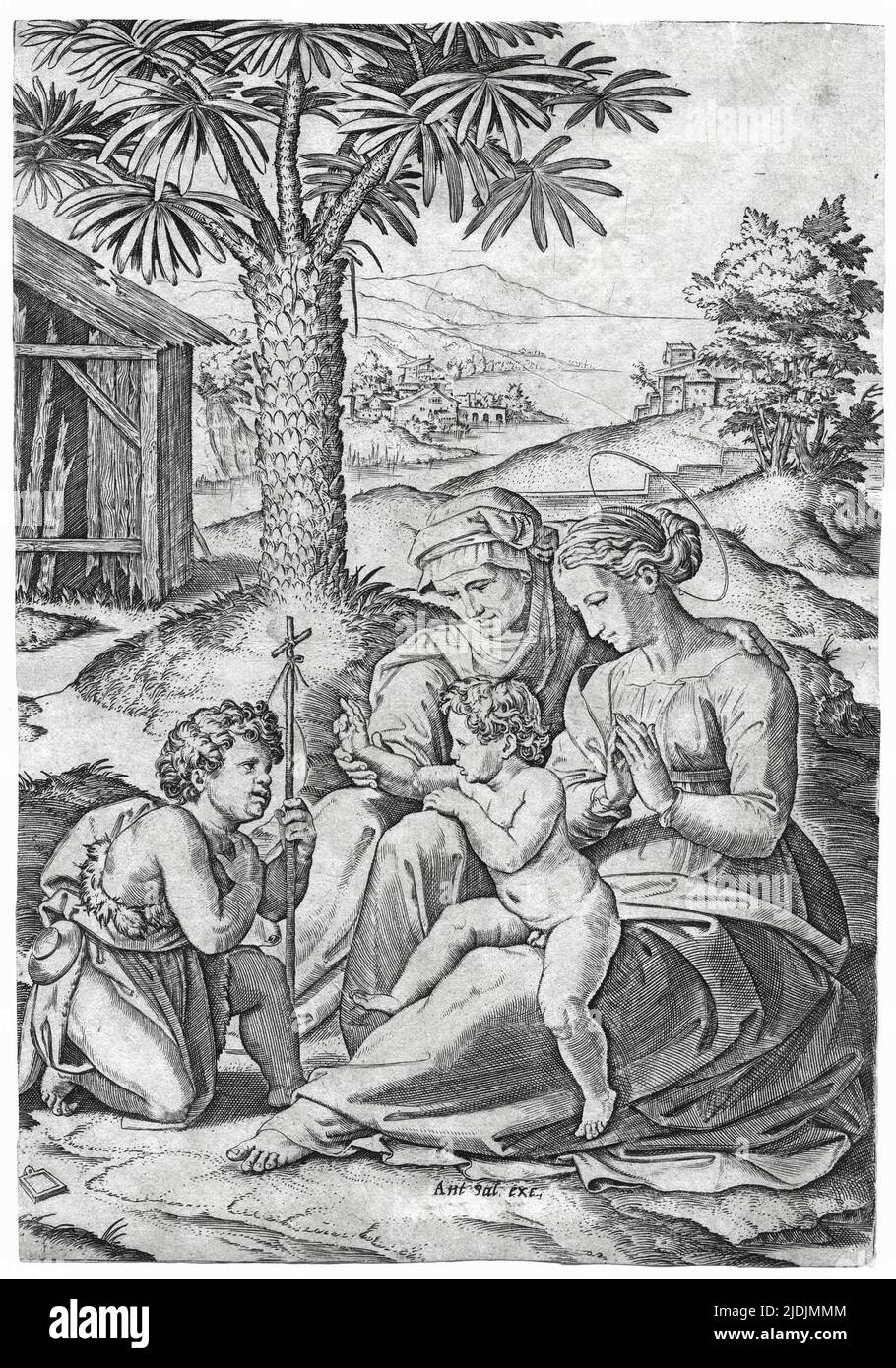 Imprimé intitulé « Madonna Della Palma » ou « Madonna of the Palm Tree », de l'artiste italien Marcantonio Raimondi (vers 1470/82 – vers 1534), vers 1525, d'après un dessin de Raphaël (1483 - 1520). Banque D'Images