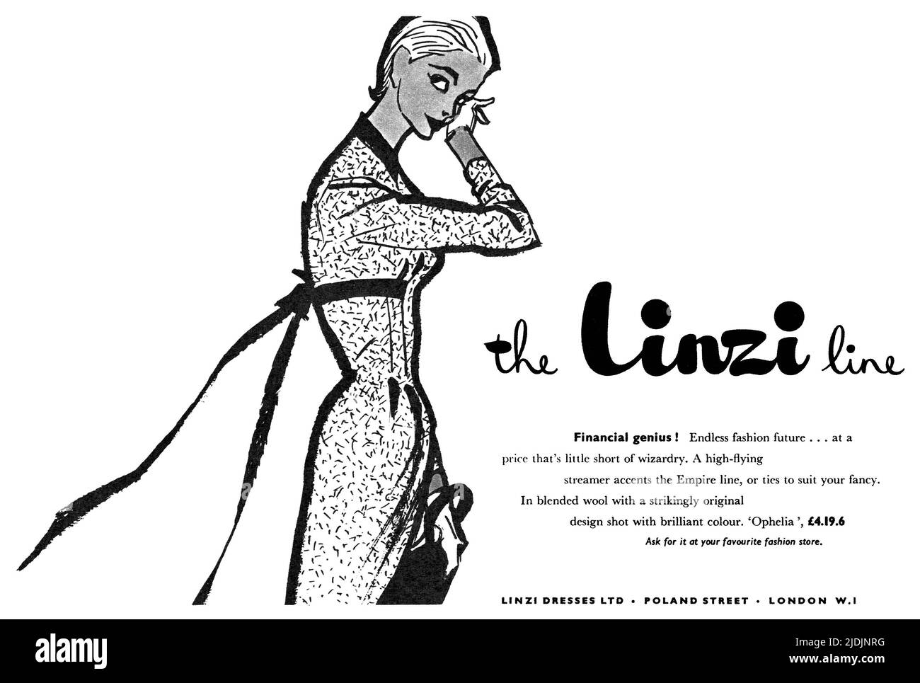 1956 publicité de mode britannique pour les robes Linzi. Banque D'Images
