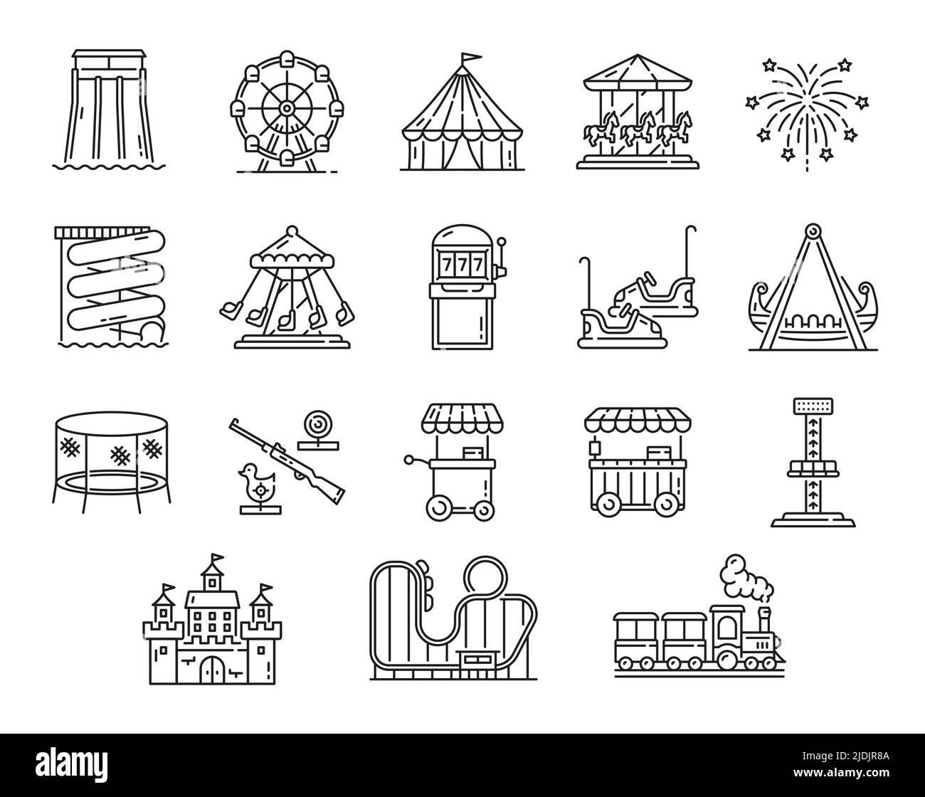 Parc d'attractions avec carrousel de foire, montagnes russes et rond-point, icônes vectorielles. Manèges de parc d'attractions, toboggans aquatiques et attractions de divertissement de carnaval de foire au cirque Illustration de Vecteur