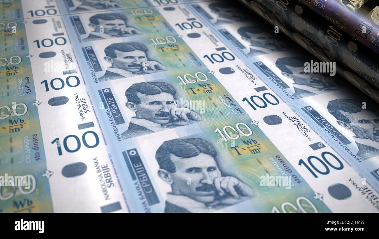 Illustration de l'impression d'argent dinar serbe 3D. Imprimé billets de banque RSD. Concept de finance, de trésorerie, de crise économique, de réussite commerciale, de récession, banque, impôts et Banque D'Images