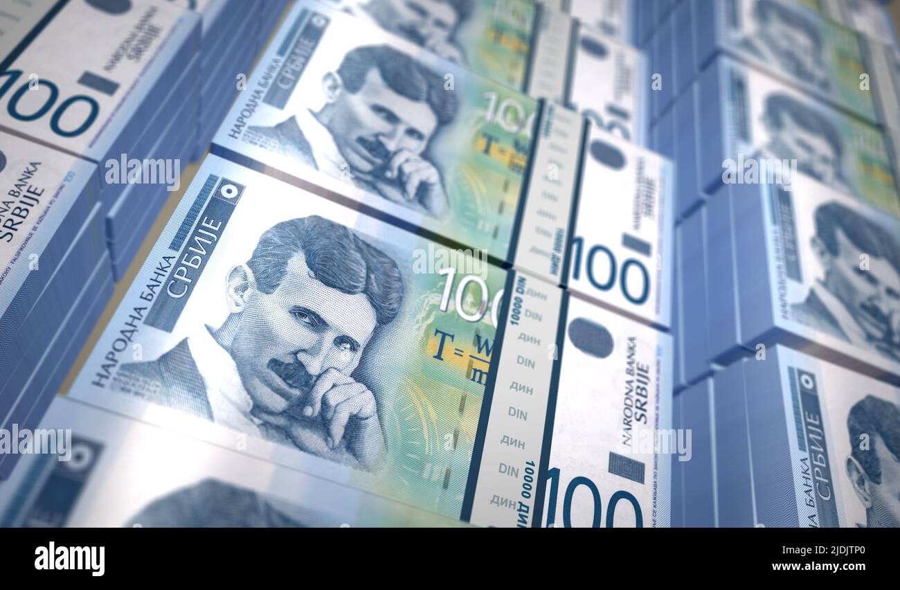 Illustration de l'impression d'argent dinar serbe 3D. Imprimé billets de banque RSD. Concept de finance, de trésorerie, de crise économique, de réussite commerciale, de récession, banque, impôts et Banque D'Images