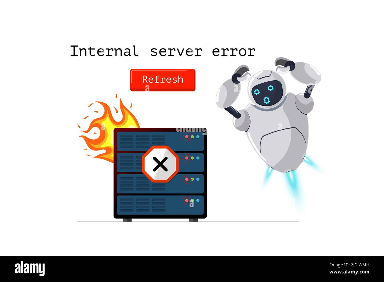 Page Web d'erreur du serveur interne. Code d'état HTTP 500. Échec de la  connexion Internet avec la bannière de caractère robot OOPS inquiet.  Mascotte de Chatbot sur le modèle de conception web.