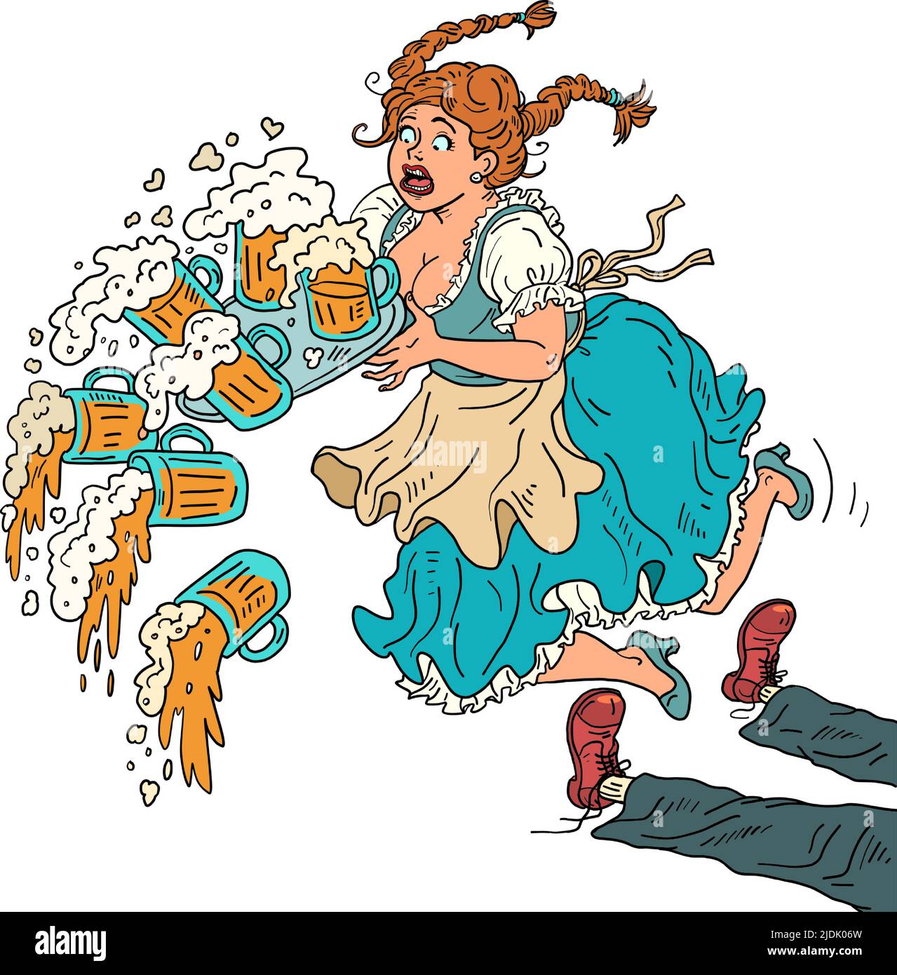 La jeune fille a trébuché sur un client ivre, fait tomber la bière. Une serveuse avec une bière, dans des vêtements nationaux. Fête de l'Oktoberfest, restaurant pub taverne Illustration de Vecteur