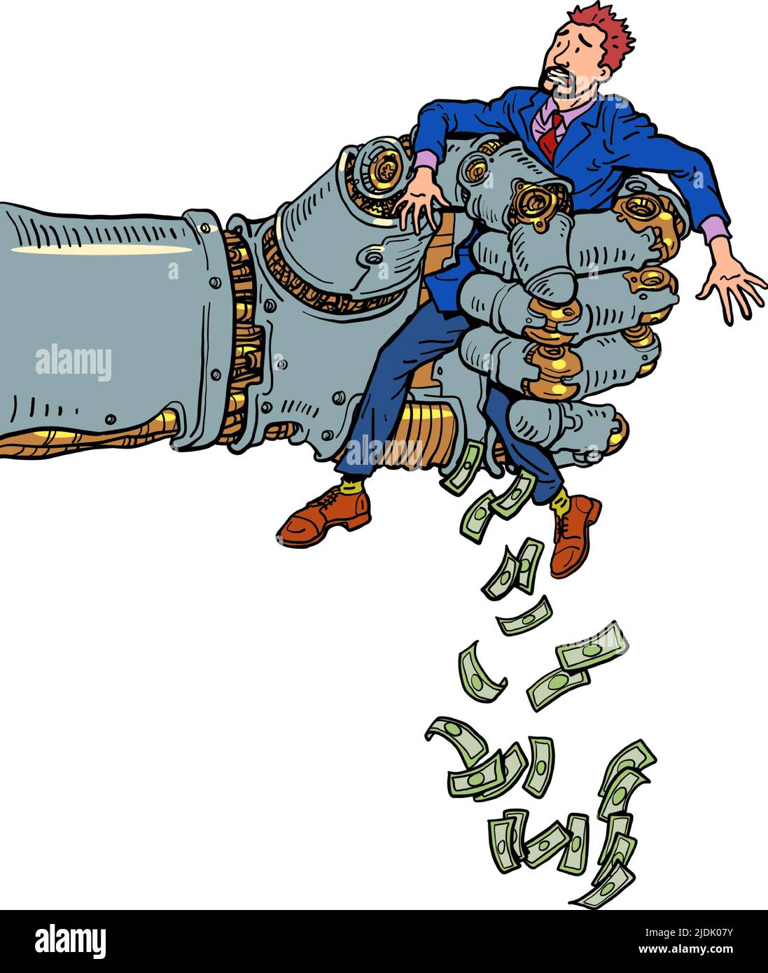 Un homme entre les mains d'un robot, ruine et effondrement. L'intelligence artificielle prend des emplois Illustration de Vecteur