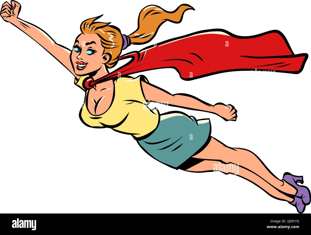 femme super-héros, fille dans le cape rouge volant, aide, féminisme puissance féminine Illustration de Vecteur