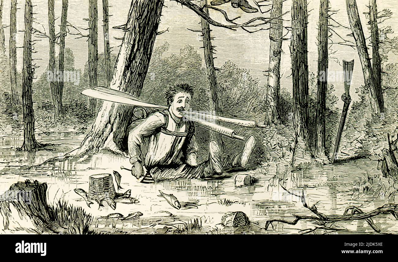 La légende de 1869 se lit comme suit : « il est agréable pour un homme, dans la position où j'étais, de sentir qu'il a quelque chose sous lui. » L'image montre un homme ayant surpassé son bateau dans la région d'Adirondack, le poisson qu'il a attrapé s'échappant du panier., oars dans sa main, fusil pris dans la boue. Banque D'Images