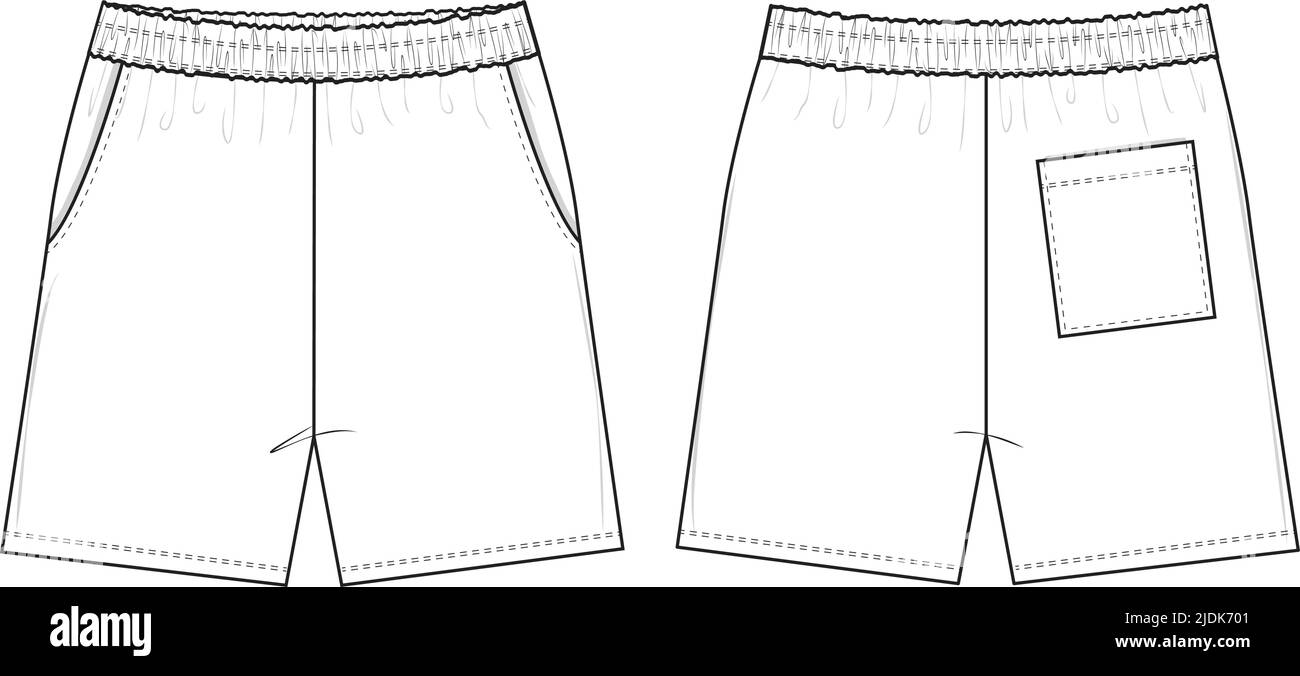 Short élastique plat dessin technique Illustration Blank Streetwear modèle pour Design et Tech Packs CAD avec poche arrière Unisex Illustration de Vecteur