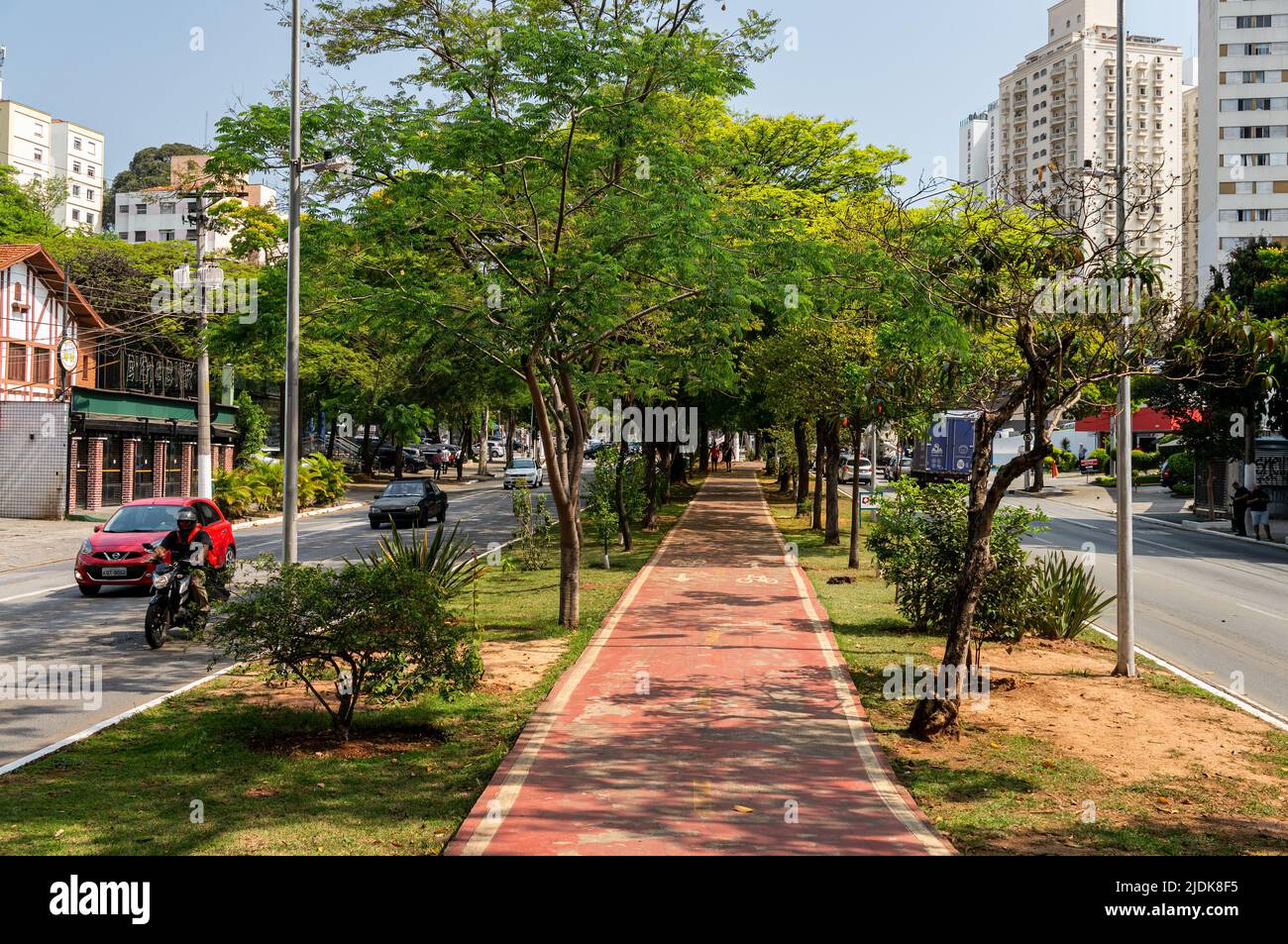 Une section droite de la piste cyclable qui court sur la bande médiane de l'avenue Sumare, juste après la rue Vanderlei sous ciel bleu clair ensoleillé. Banque D'Images