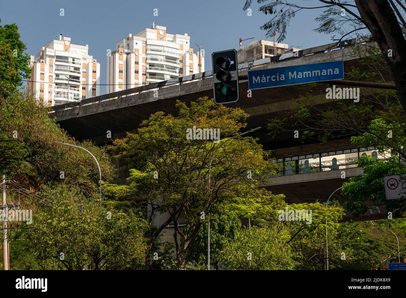 Grands arbres pleins de végétation verte de l'avenue Paulo VI avec le viaduc Capitao Adalberto Mendes et la station de métro Sumare (ligne 2 - verte) à l'arrière. Banque D'Images