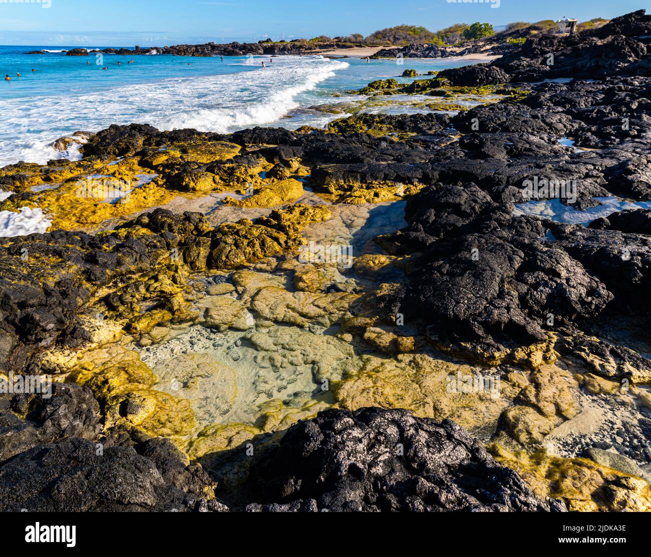 Lava exposée sur la rive de la plage de Manini'owali et de la baie de Kua, Kekaha Kai, parc national, île d'Hawaï, Hawaï, ÉTATS-UNIS Banque D'Images