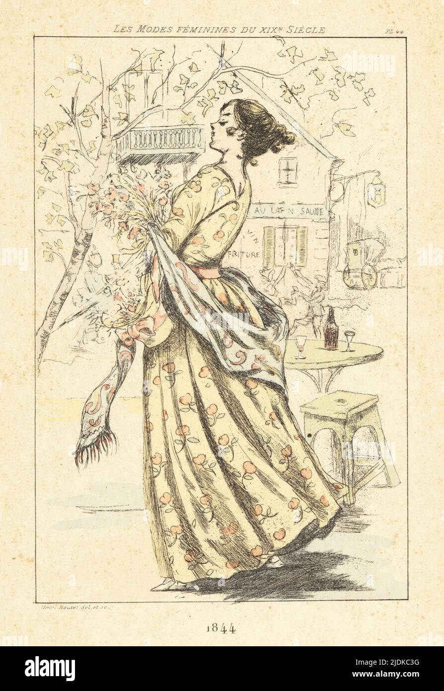 Dame à la mode portant un bouquet de fleurs devant le restaurant au lapin Saute, Paris, 1844. Gravure à la main en pointe-seche ou en pointe par Henri Boutet des modes Feminines du XIXème siècle Siecle (Fashions féminines du 19th siècle), Ernest Flammarion, Paris, 1902. Boutet (1851-1919) est un artiste, graveur, lithographe et designer français. Banque D'Images