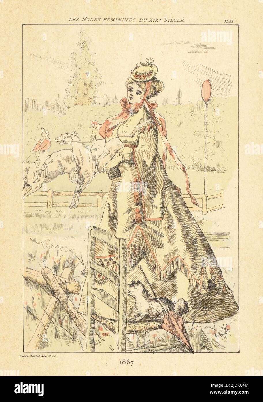 Dame à la mode avec chien d'animal de compagnie regardant un steeplechase sur un parcours de course, Paris, 1867. Gravure à la main en pointe-seche ou en pointe par Henri Boutet des modes Feminines du XIXème siècle Siecle (Fashions féminines du 19th siècle), Ernest Flammarion, Paris, 1902. Boutet (1851-1919) est un artiste, graveur, lithographe et designer français. Banque D'Images