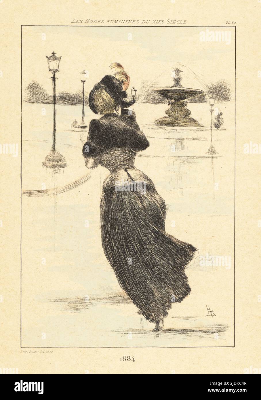Dame à la mode marchant près de la Fontaine de la Concorde, Paris, 1884. En chapeau plumé, châle en fourrure, veste ajustée, jupe. Gravure à la main en pointe-seche ou en pointe par Henri Boutet des modes Feminines du XIXème siècle Siecle (Fashions féminines du 19th siècle), Ernest Flammarion, Paris, 1902. Boutet (1851-1919) est un artiste, graveur, lithographe et designer français. Banque D'Images