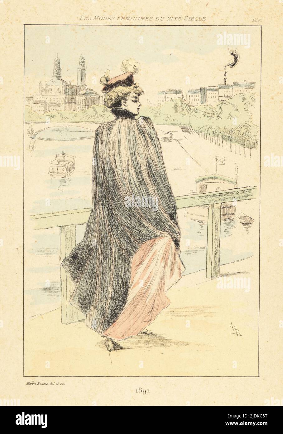 Dame à la mode marchant sur un pont au-dessus de la Seine, Paris, 1891. En chapeau plumé, long manteau sur robe rose. Gravure à la main en pointe-seche ou en pointe par Henri Boutet des modes Feminines du XIXème siècle Siecle (Fashions féminines du 19th siècle), Ernest Flammarion, Paris, 1902. Boutet (1851-1919) est un artiste, graveur, lithographe et designer français. Banque D'Images