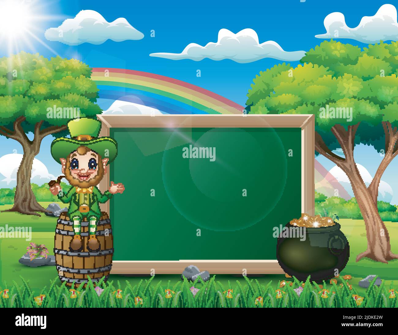 Dessin animé leprechun assis au-dessus du tableau noir avec un paysage de la nature Illustration de Vecteur