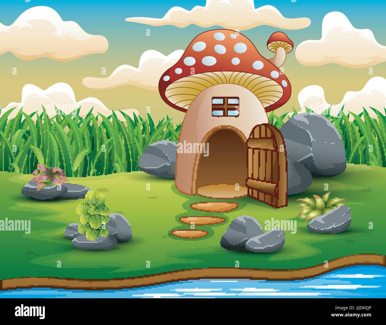 Maison aux champignons enchantée en arrière-plan de la nature Illustration de Vecteur