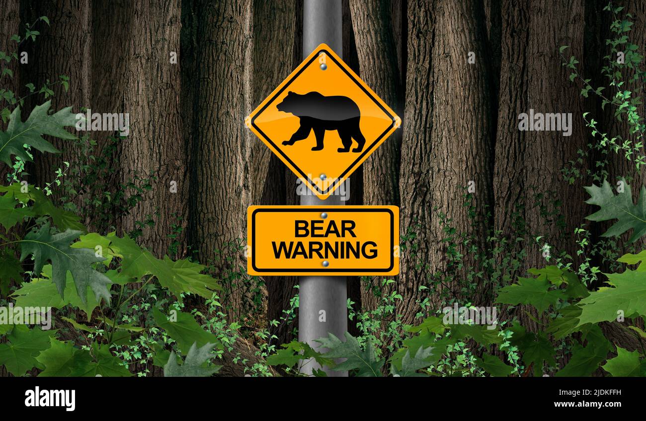 Porter un avertissement dans les bois de signalisation ou le signe de danger de camping comme un prédateur effrayant comme un risque pour les ours dans la nature avec 3D éléments d'illustration. Banque D'Images