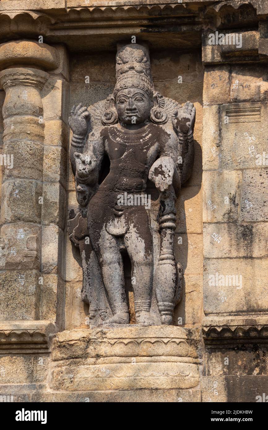 Sculpture de divinité sur le mur du temple de Shri Airavatesvara Temple, Darasuran, Kumbakonam, Tamilnadu, Inde. Banque D'Images