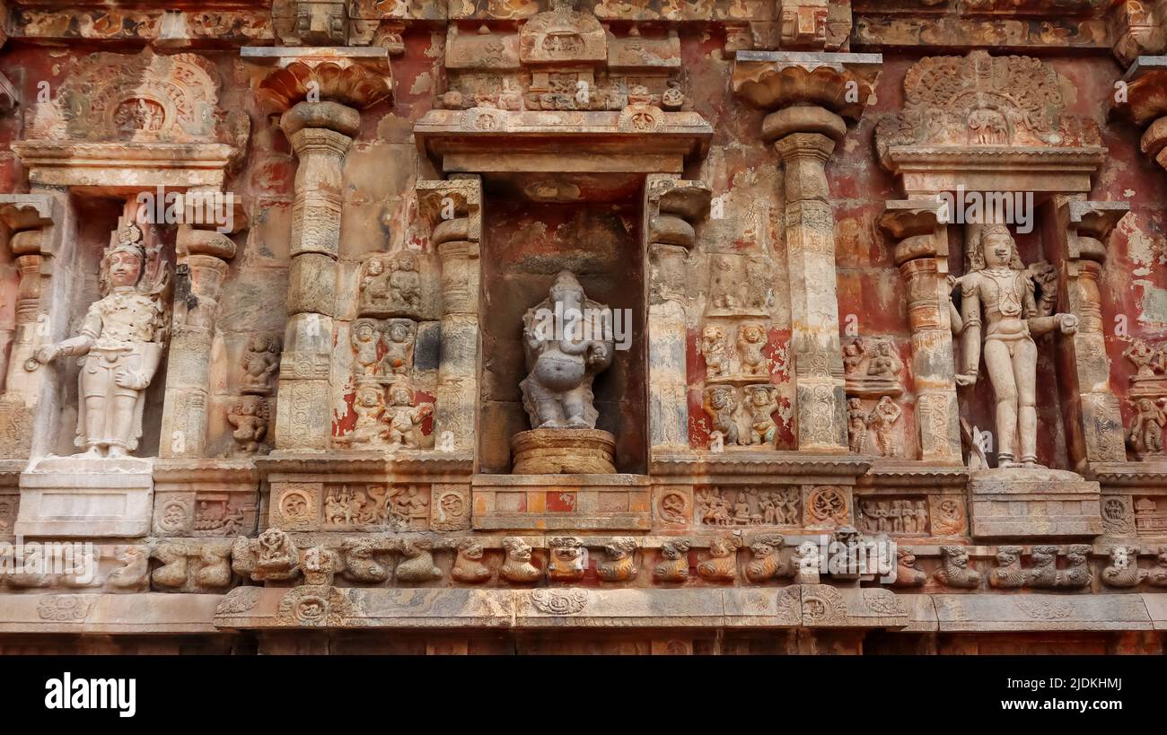 Sculpture de Lord Ganesha et de Hindou Gods sur le temple d'Airavatesvara, Darasuran, Kumbakonam, Tamilnadu, Inde. Banque D'Images