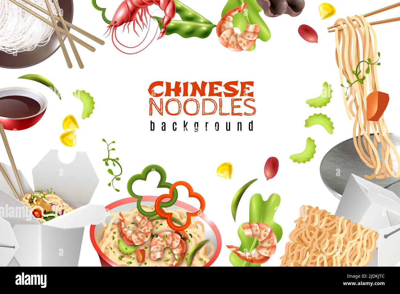 Plats chinois de nouilles aux crevettes paprika pois sauce réaliste asiatique alimentaire blanc cadre illustration vectorielle Illustration de Vecteur