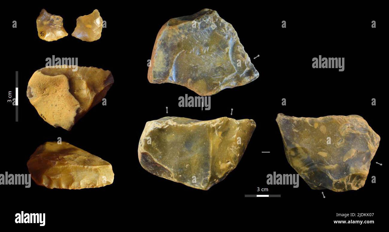 Photo de distribution non datée émise par Alastair Key montrant une sélection d'artefacts de silex excavés sur le site. Les banlieues de Canterbury abritent certains des premiers humains de Grande-Bretagne, ont révélé des découvertes datant de 600 000 ans. Date de publication : mercredi 22 juin 2022. Banque D'Images