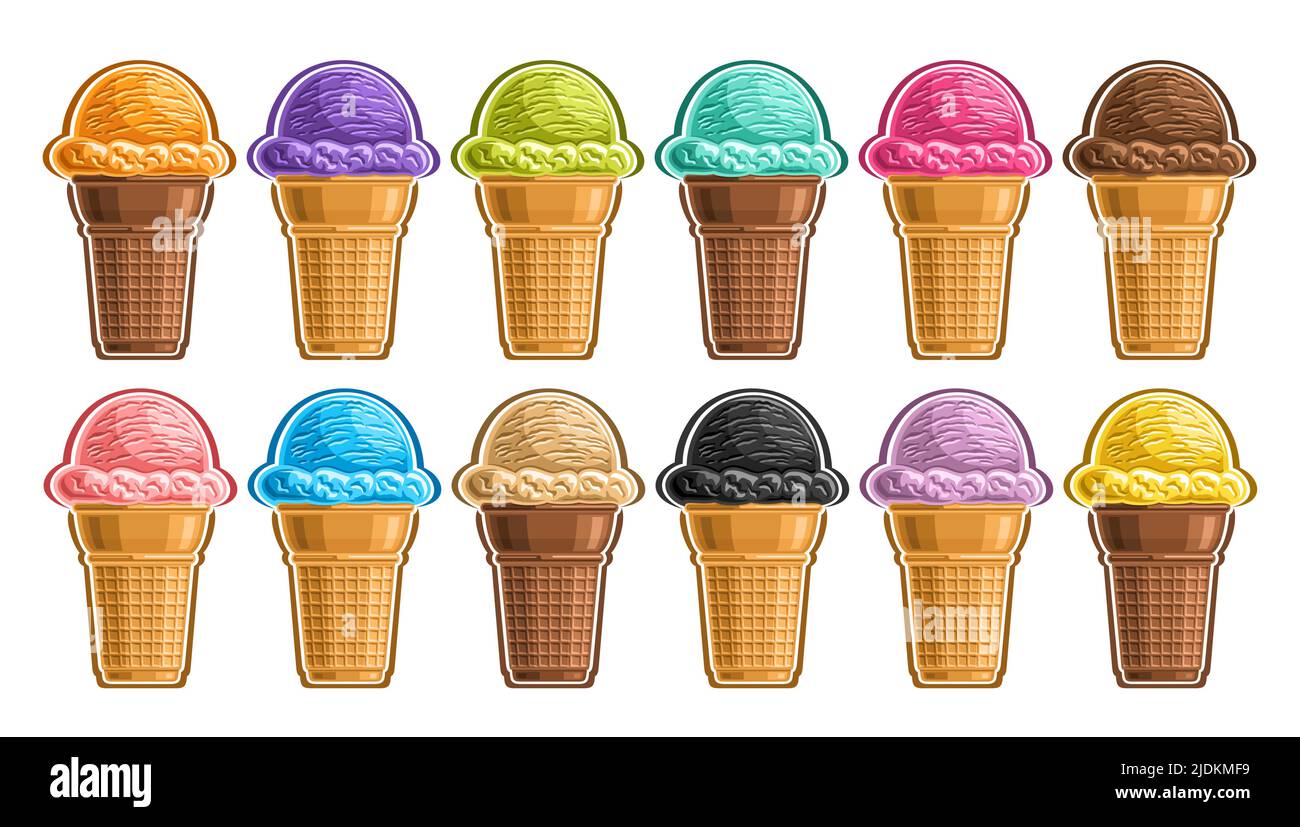 Ensemble de crèmes glacées Vector, lot collection de différentes illustrations de crèmes glacées en forme de boules rafraîchissantes de groupe, ensemble de symboles colorés Illustration de Vecteur