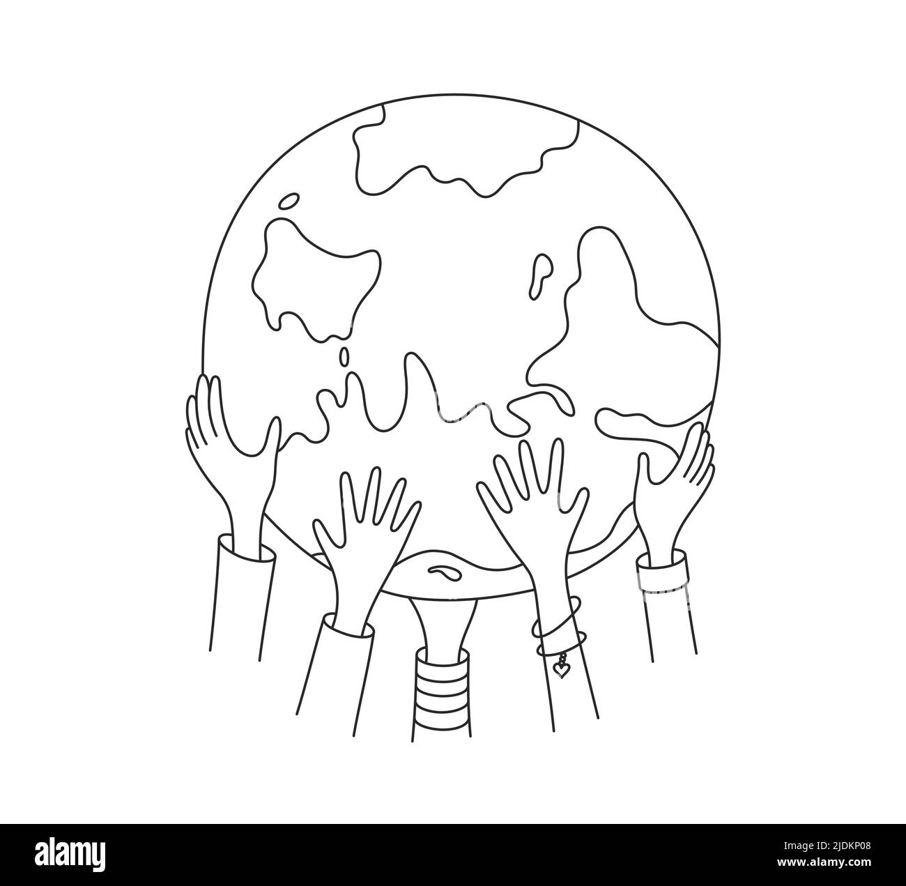 Les mains des enfants tiennent le globe. Bonne journée de la Terre. Carte dessinée à la main pour la journée mondiale des enfants. Doodle multiculturel enfants mains tenant la terre. Concept de paix Illustration de Vecteur
