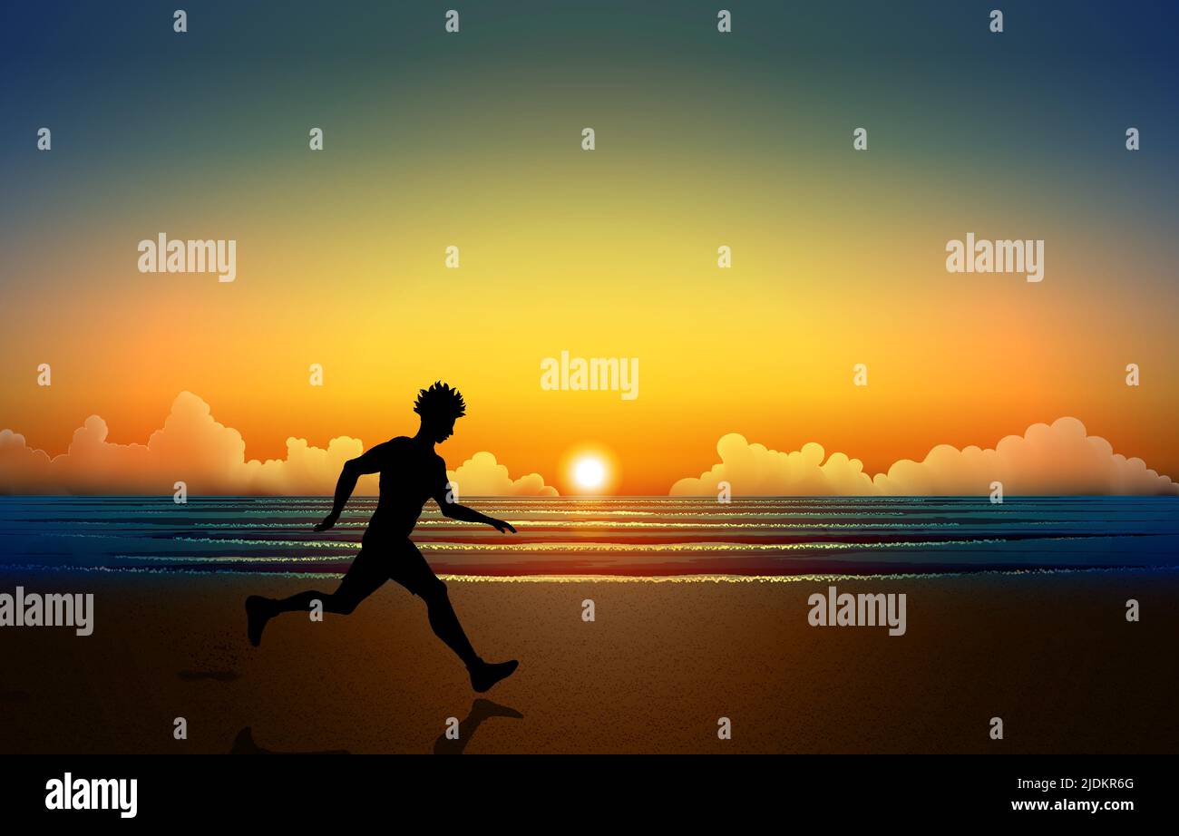 silhouette d'un homme qui court sur la plage le matin, avec un ciel et des nuages colorés et le soleil se levant en arrière-plan. Illustration de Vecteur