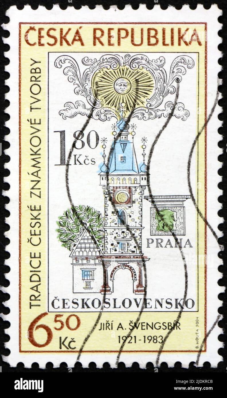 RÉPUBLIQUE TCHÈQUE - VERS 2004: Timbre imprimé en République tchèque dédié à la tradition de la production tchèque de timbres, timbre avec le dessin du signe de la grenouille verte Banque D'Images