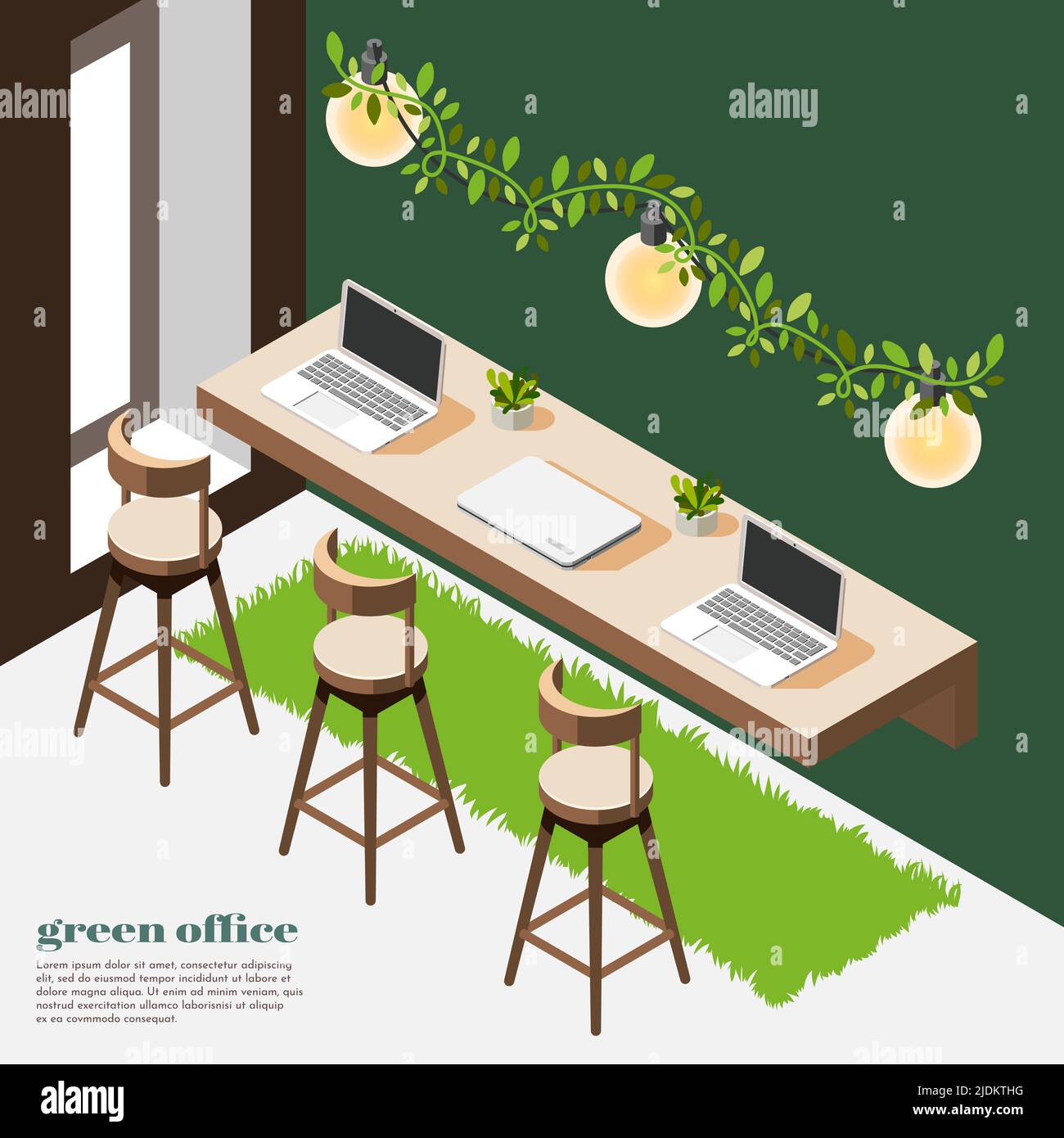 Bureau vert salle isométrique arrière-plan avec murs verts pelouse table et chaises en bois illustration vectorielle Illustration de Vecteur